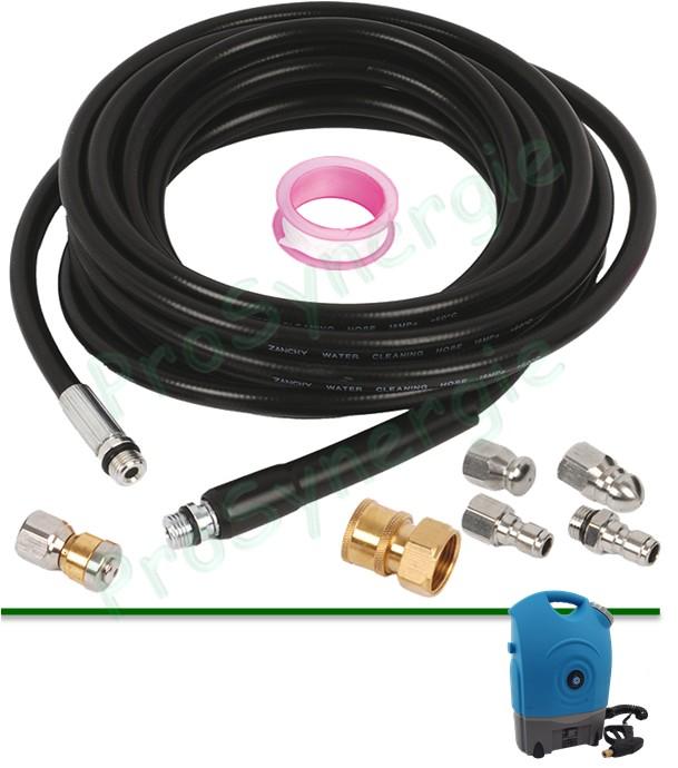 Kit de débouchage incluant 5 m de flexible avec buses et raccords rapide pour intervention Ø 20 mm mini