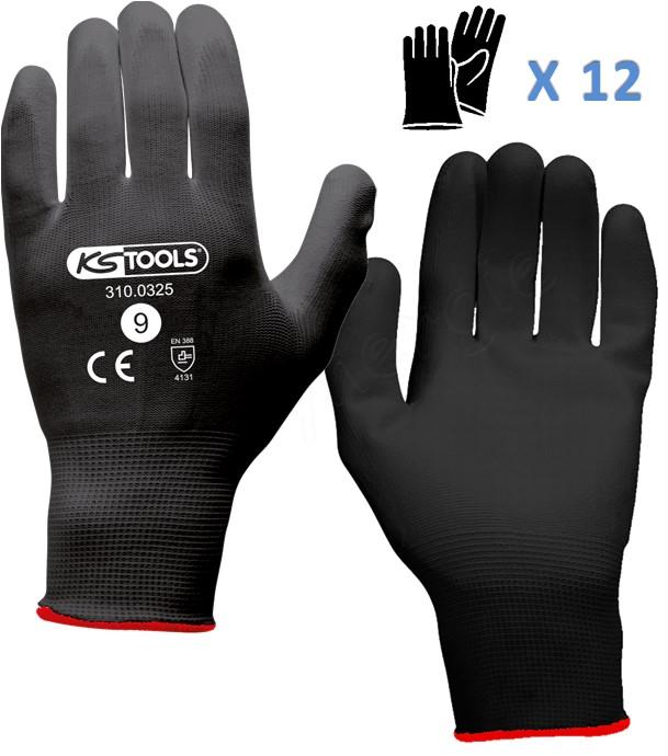 Lot de 12 paires de Gants micro-fibres - Noir- Revêtement en polyuréthane au niveau de la paume de main - Taille 11