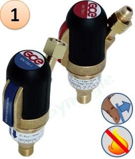 Raccord anti-retour pare flamme SafeGuard 5 (à réarmement - 5 fonctions) - Montage Détendeur - Oxygène ou gaz combustible - Entrée M16×1,5 Femelle - Sortie M16×1,5 Mâle