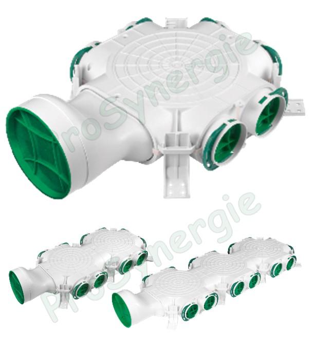 Caisson de répartition axe horizontal, Ø160, 6 à 14 piquages Ø75 ou Ø90 pour réseaux de ventilation rond type Optiflex
