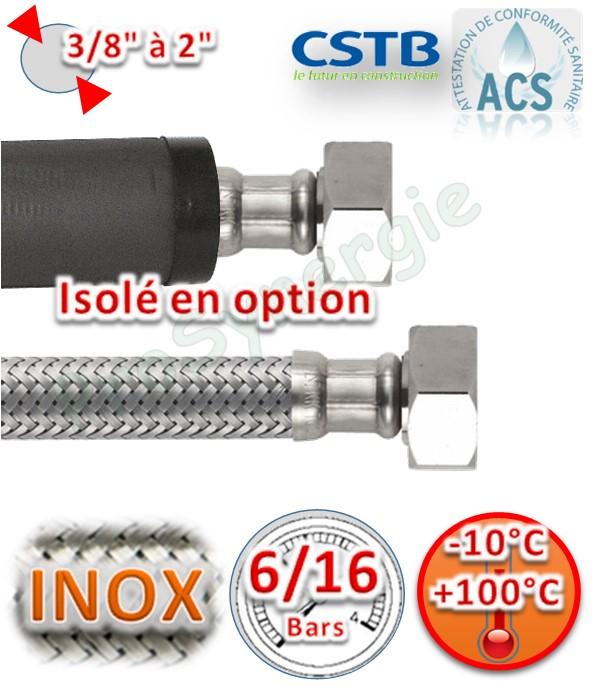 Flexible chauffage EPDM/Inox Femelle Ecrou - Longueur 30 à 150cm - option Isolé 13/19/32mm