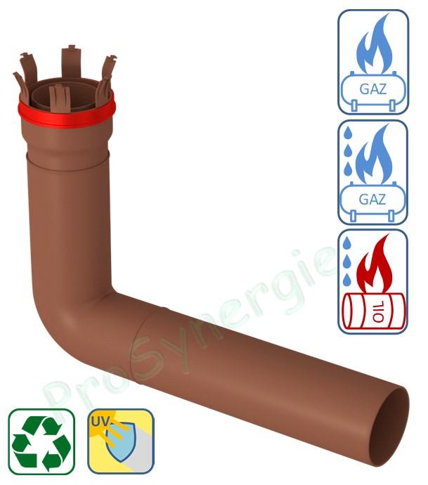 Coude 87° PVDF pour raccordement conduit flexible Technaflon, Ø 80/75 à 200 mm, longueur rallonge 30 à 100 cm