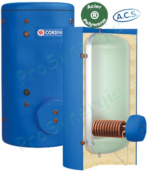 Ballon préparateur ECS cuve Acier avec revêtement Polywarm 800 à 2 000 litres. avec 1 échangeur extractible tubulaire en cuivre