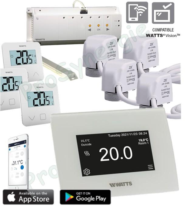 Kit base régulation chauffage central plancher chauffant 4 circuits et 3 zones - Système connecté Watts Vision pilotable à distance