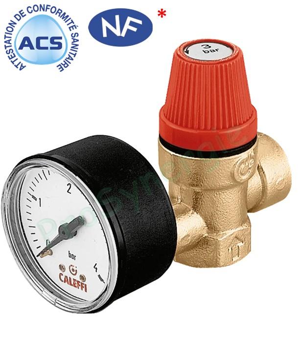 Soupape laiton ACS 3 bars 110°C sûreté chauffage (P < 100 KW) avec mano - F Ø 1/2´´ ou 3/4´´
