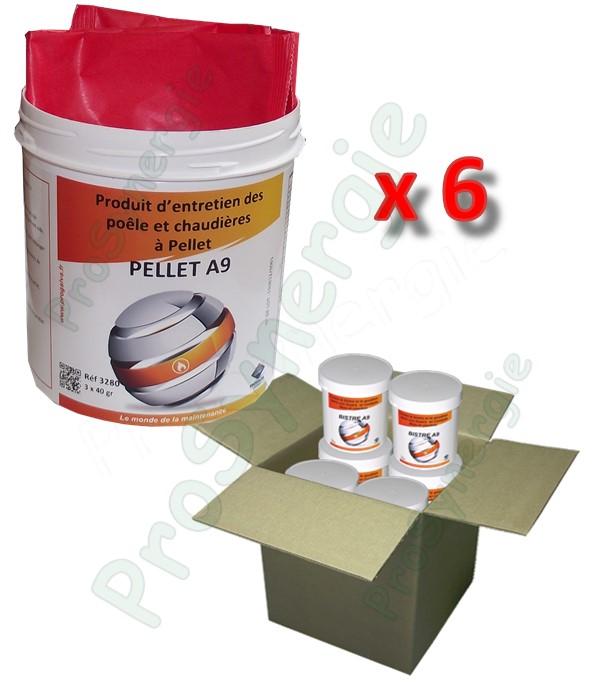 Pellet A9 - Carton de 6 pots de 3 doses (sachet) de 40 grammes de pastilles ramonage chimique curatif et préventif (réduction des bistres et goudrons par modification de son état : solide -> friable) 