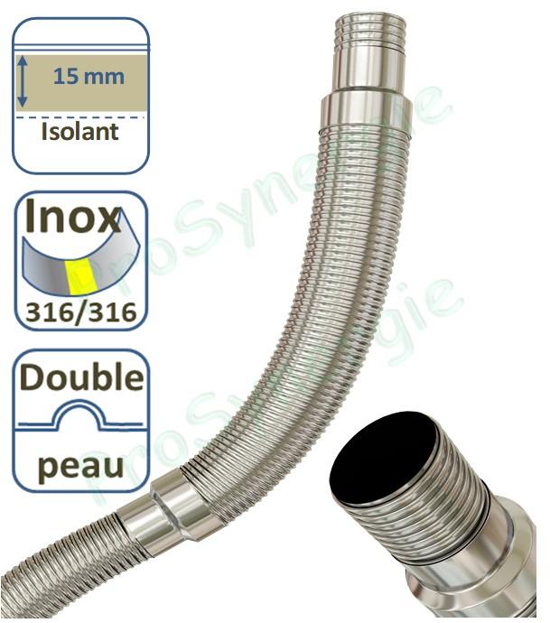 Tubage Ø150mm TEN Liss Semi-isolé (isolé sur 3 mètres) - Double Peau Inox 316L Intérieur/Extérieur