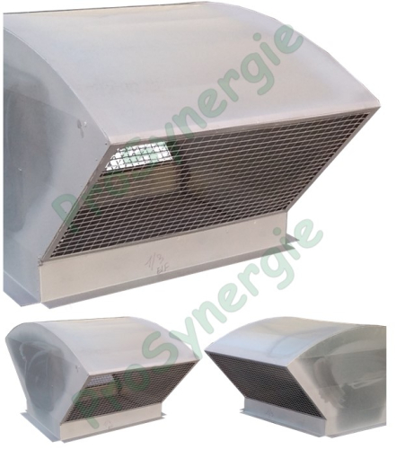 Edicule de toiture pour prise d´air ou rejets latéraux double ''sifflet'' + grillage antivolatiles - Raccordement sur embase rectangulaire type maçonnée