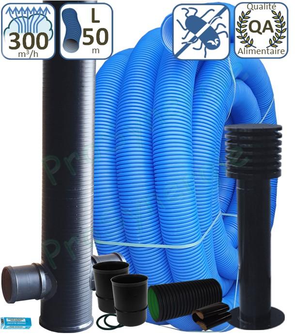 Kit puits canadien Performance 300m3/h (géothermie air), échangeur 50 mètres, prise d´air élégance, regard piquages soudés (ou joints) et traversée dalle ou mur